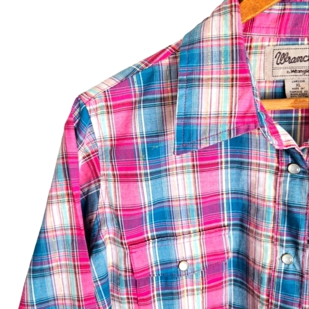 Wrancher Pink & Teal Gold Metallic Western Shirt by Wrangler, size XL